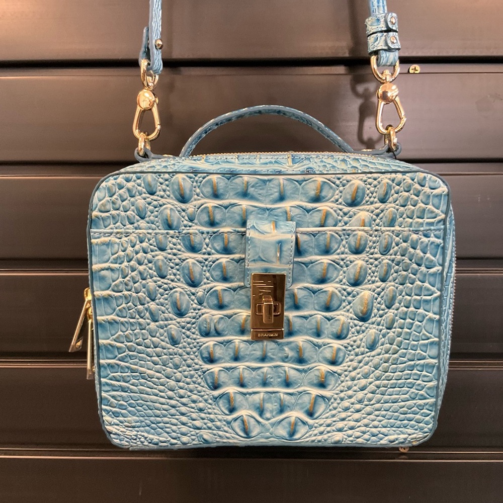 Blue Croc-Embossed Crossbody Bag with Top Handle